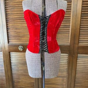 Shirley of Hollywood Red Velvet Corset with Black Lace-Up